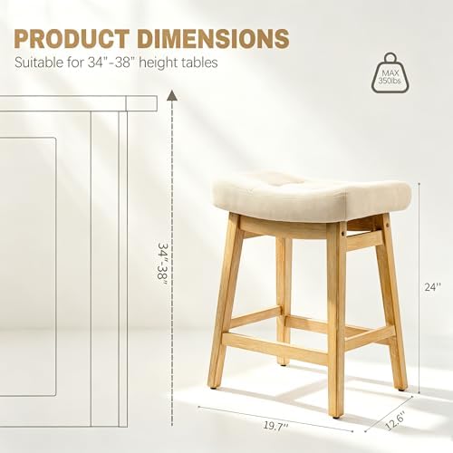 Counter Height Bar Stools Set of 3 for Kitchen Counter, Backless Farmhouse Island Short Barstools No Back with Padded Fabric Saddle Seat & Solid Wood Legs Modern 24 inch Counter Top Bar Chairs, Khaki
