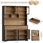 FINETONES 71" Pantry Cabinet, Tall Kitchen Pantry with Charging Station | 47.2" Wide Kitchen Hutch Food Storage Cabinets with Open Countertop, Kitchen Pantry Cabinet for Dining Room, Black/Brown