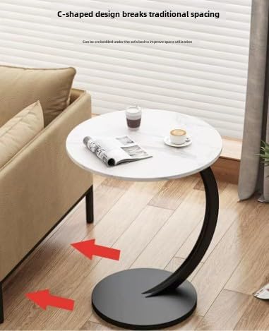 C-Shaped End Table Side Table Wood Sofa Table with Metal Frame for Living Room, Bedroom, Small Spaces (Snow Mountain White + Black Rack)
