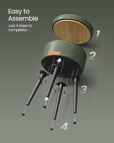VASAGLE Storage Ottoman, Synthetic Leather Round Seat with Steel Legs | Vanity Chair Stool, with Stitching, Transitional, Loads 150 kg, Forest Green and Matte Black, EKHO Collection ULOM005C01
