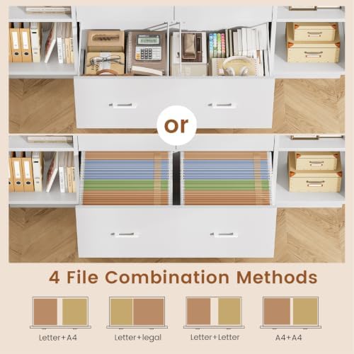 SEDETA 55" File Cabinet with Lock, Large 3 Drawers Filing Cabinets for Home Office, Lockable Printer Stand with Storage, Power Strip, LED Light & Pegboard, White + Brown