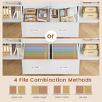 SEDETA 55" File Cabinet with Lock, Large 3 Drawers Filing Cabinets for Home Office, Lockable Printer Stand with Storage, Power Strip, LED Light & Pegboard, White + Brown