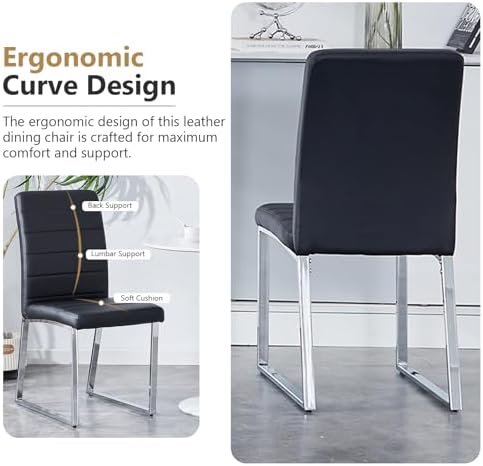 Modern Leather Dining Chairs, Set of 6 | Upholstered Padded Seats with Sturdy Metal Legs, Armless Kitchen & Dining Room Furniture for Home (Black, Set of 6)