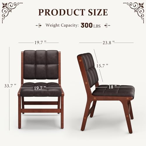 Furniliving Oak Wooden Dining Chairs Set of 2, Mid-Century Modern Leather Upholstered Kitchen Chair, Farmhouse Dining Room Chairs with Wide Seat, Brown