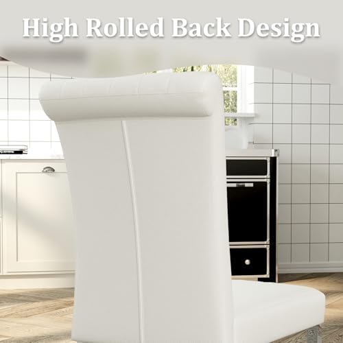 ACEDÉCOR Dining Chairs, White Leather Dining Chairs Set of 6, Upholstered Kitchen Room Chairs with Silver Stainless Steel Legs