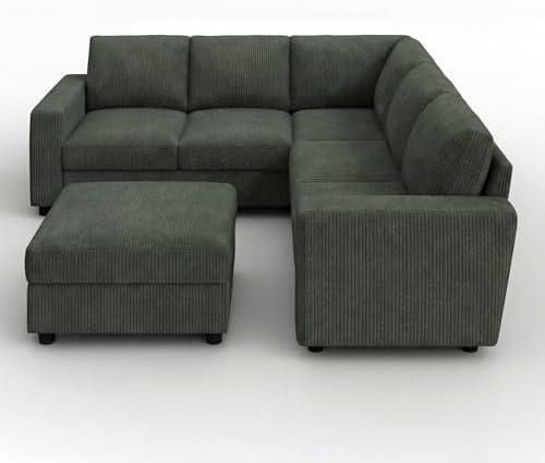 HONBAY Corduroy Sectional Sofa with Storage Ottoman, 6 Seaters L Shaped Small Sectional Couch for Living Room, Green