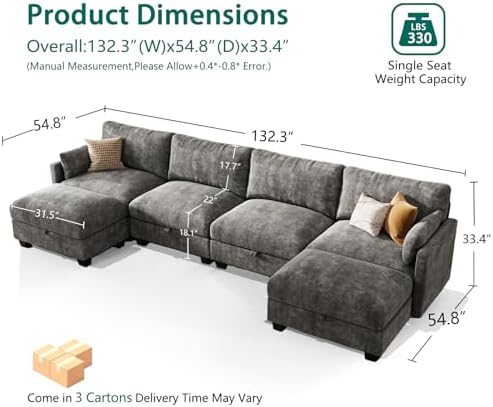 Modular Sectional Sofa, 132" U Shaped Couch with Storage, Chenille | High Resilience Foam, 22" Seat Depth, Movable Ottoman, Comfy Chenille, Easy Assembly, Dark Gray