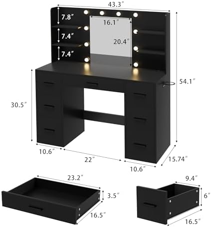 Furmax Vanity Desk with LED Mirror,Power Outlet,7 Drawers Makeup Table | LED Lighted Mirror & Built-in Outlet,7 Drawers and 6 Shelves,Organized Makeup Storage for Bedroom,Black