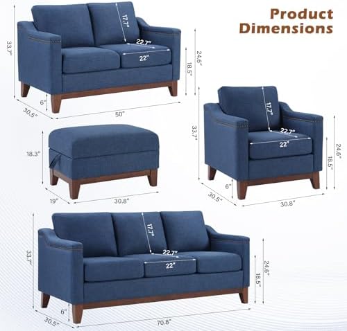 HAOMARKETS Vintage Upholstered Armchair Set of 2 with Nailhead Trim and Solid Wood Legs, Comfortable Accent Chair for Living Room & Bedroom, Blue
