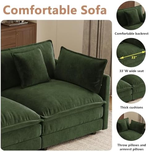 mikibama Modular Sectional Sofa, 70.8 Inch L Shaped Couch Set for Living Room, Loveseat Comfy Cloud Couches with Movable Ottoman, DIY Combination, Chenille, Evergreen