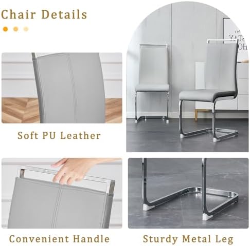 71" Glass Dining Table Set for 6｜Modern Dining Table Set for 6 with Faux Leather Chairs｜0.4" Thick Tempered Glass Tabletop｜Silver Chrome Metal Legs with Grey Crossbar｜Easy Assembly