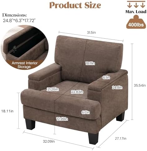 Modern Upholstered Living Room Chairs, Accent Chair with Storage Armrest, Comfy Large Armchair, Fabric Single Sofa ReadingChair for Bedroom, Dark Brown