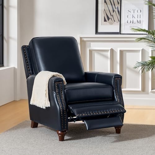 HULALA HOME Genuine Leather Manual Recliners Set of 2 with Wood Legs, Navy | Mid Century Modern Push Back Recliner with Nailhead Trim, Adjustable Backrest & Footrest, for Living Room Home Theater