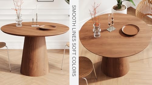JUSTONE 43.3" Round Dining Table for 4-6,Wood Farmhouse Rustic Kitchen Table with Mid-Century Modern Pedestal Base, Natural Finish for Dining Room/Kitchen/Living Room(Walnut)
