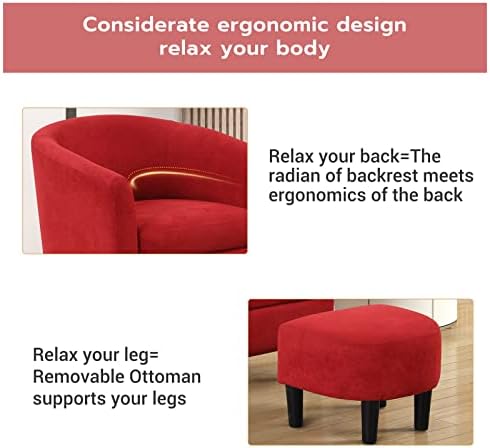 INZOY Modern Accent Chair with Ottoman for Small Space, Club Chair with Ottoman Set, Comfy Fabric Barrel Reading Chairs for Living Room Bedroom, Round Reading Chair with Foot Rest, Red