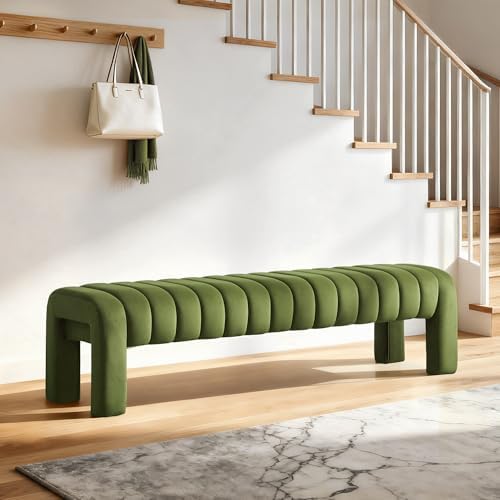 63’’ Bedroom Bench, Upholstered End of Bed Bench with Solid Wood Legs, Modern Dining Bench with Full Covered Fabrics for Entryway, Bedroom, Living Room (Green, Velvet)
