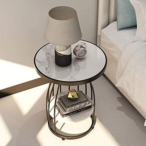 Telephone Table, Side Table Living Room 2-Tier Marble Small Round Table Sofa Corner Table Telephone Table Bedroom Bedside Table Balcony Coffee Table,19.6''×24.8'' (Color: