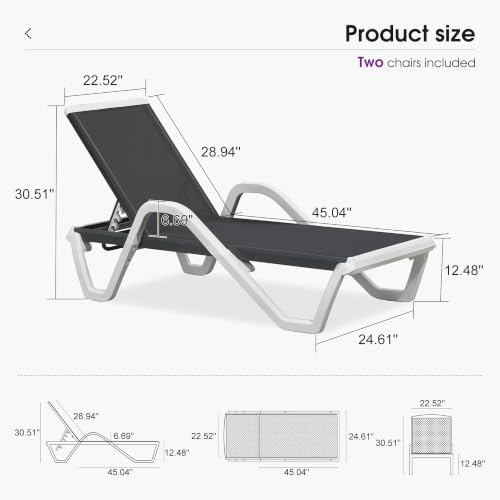 PURPLE LEAF Lounge Chair Outdoor Set of 2 w/Armrest for Poolside Dark Grey | Easy Assembly, The multi-position backrest lowers completely flat so you can relax, read, or enjoy full-body sunbathing
