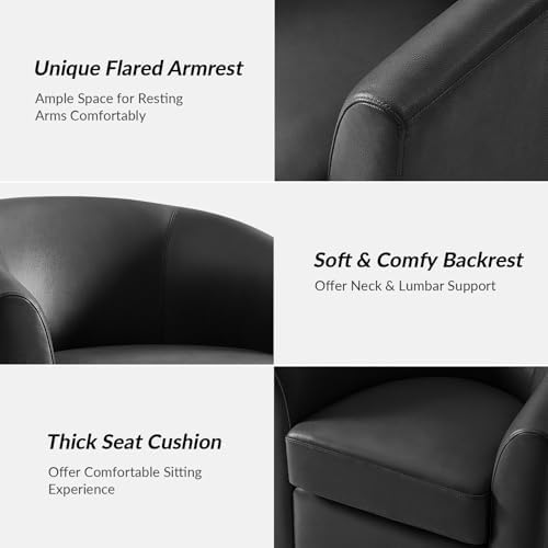 HULALA HOME Genuine Leather Swivel Barrel Accent Chairs Set of 2, Black | Transitional Round Swivel Accent Chair with Solid Wood Base, No Assembly Required, for Living Room Bedroom Reading Relaxation