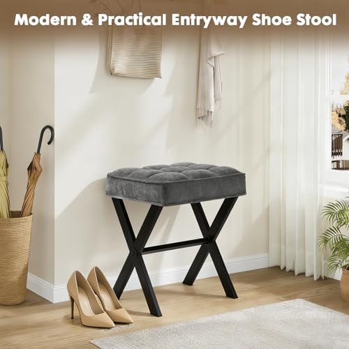 Makeup Chair, Modern Luxury Vanity Stool with Linen Plush Seat | Compact X Base Vanity Bench for College Dorm, Small Upholstered Foot Rest for Living Room(X-Gray)