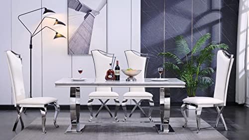 ACEDÉCOR Dining Chairs, White Faux Leather Dining Chairs Set of 6, Gorgeous Streamlined High Back Chair with Silver Mirror Curved and X-Shaped Stainless Steel Legs