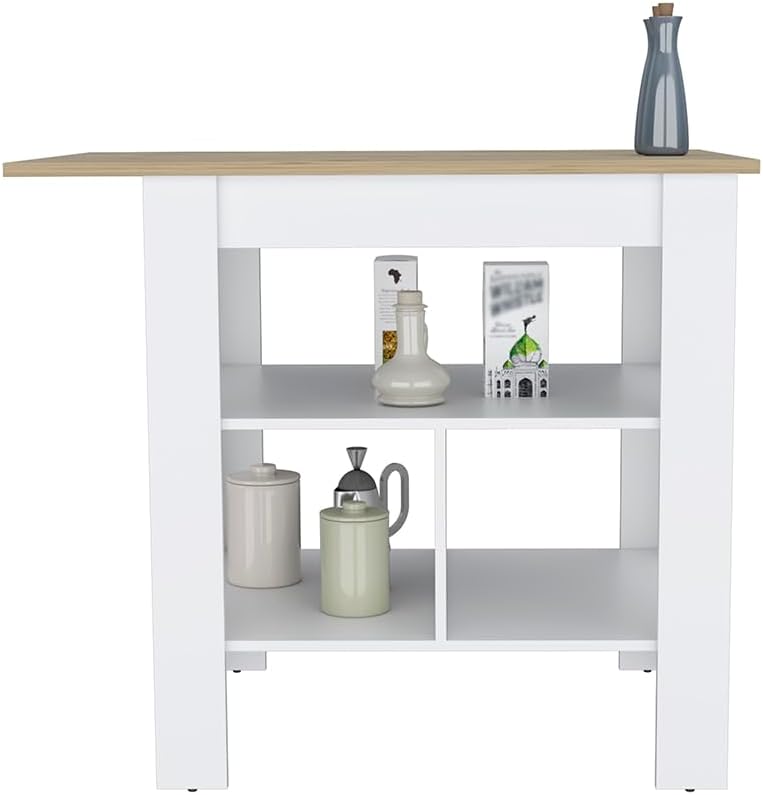 Modern Beige Kitchen Island with Resistant Top and Storage Shelves | Three low open shelves for extra storage space