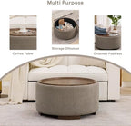 29.5 Inch Round Storage Ottoman Coffee Table, Brown Teddy | Modern Circle Coffee Table With Storage With Removable Lid Top and Solid Wood Legs, Round Ottoman for Bedroom, Living Room