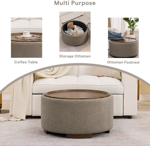 29.5 Inch Round Storage Ottoman Coffee Table, Brown Teddy | Modern Circle Coffee Table With Storage With Removable Lid Top and Solid Wood Legs, Round Ottoman for Bedroom, Living Room