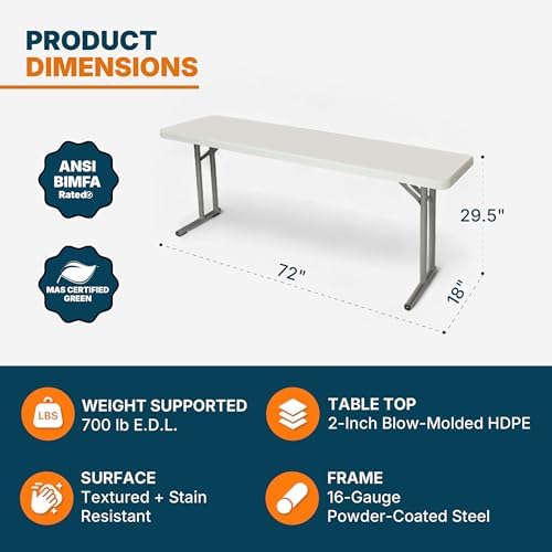 OEF Furnishings OEFBT-SEM1872 Commercial-Grade Premium Industrial Seminar Folding Table with Thick Blow-Molded Top and 16-Gauge Cantilever Steel Legs (Seminar, 18" × 72", Speckled Gray Top)