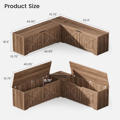 L Shaped Storage Bench, 63" Corner Bench with Storage, Breakfast Nook Bench with 3 Hidden Flip-Top Compartments, Backless Dining Bench for Kitchen, Entryway, Dining Room, Walnut
