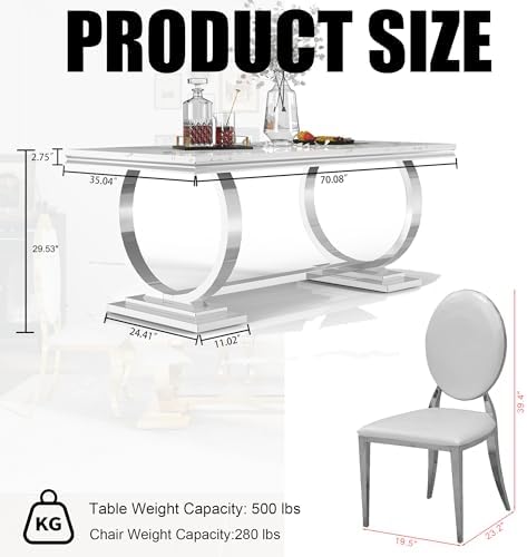Luxury Marble Dining Table Set for 6 People, 70" Double O-Shaped Faux Marble Kitchen Table with 6 Round PU Leather Chairs, for Kitchen, Dining Room (1 White Table + 6 White Chairs)