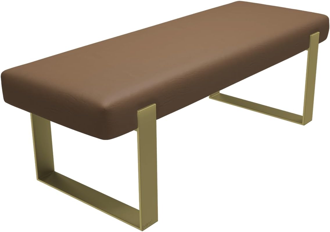 VANT Upholstered Bed Bench - Vintage Leather Cognac - Burnished Brass - Contemporary Modern, Bedroom Bench Seat, Hallway, or Entryway