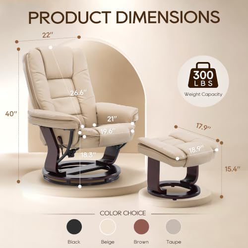 Swivel Recliner Chair with Ottoman Reclining Lounge Sofa Footrest, Set of 1 | 360°Sturdy Wood Base, Soft Faux Leather, Upholstered Ultra-Plush Foam, Modern Armchair, Living Room Bedroom Office Reading