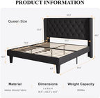 SHA CERLIN Queen Upholstered Bed Frame, Button Tufted Design, Black