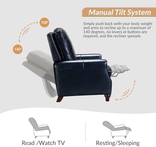 HULALA HOME Genuine Leather Manual Recliners Set of 2 with Wood Legs, Navy | Mid Century Modern Push Back Recliner with Nailhead Trim, Adjustable Backrest & Footrest, for Living Room Home Theater