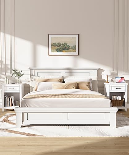 Decofy Farmhouse Nightstand with Charging Station & Large Storage, Set of 2 Modern End Tables with Outlets, USB Ports and Type-C Ports, Easy Assembly for Bedroom (Pure White)