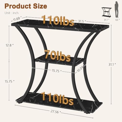 Hoctieon 3 Tier Console Table with Open Wood Shelves, Decorative Entryway Table with Curved Metal Frames, Narrow Sofa Table for Entrance, Living Room, Hallway, Black Marbled