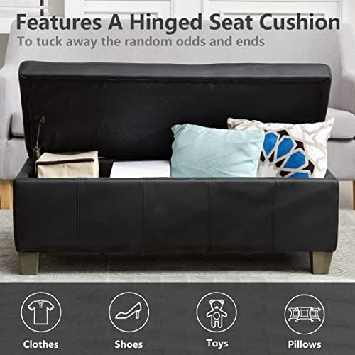 41" Storage Ottoman, Storage Bench with Safety Hinge, Upholstered Synthetic Leather Ottoman Bench for Bedroom, Living Room, Entryway, Hallway, Foot Rest, Support 500lbs, Black