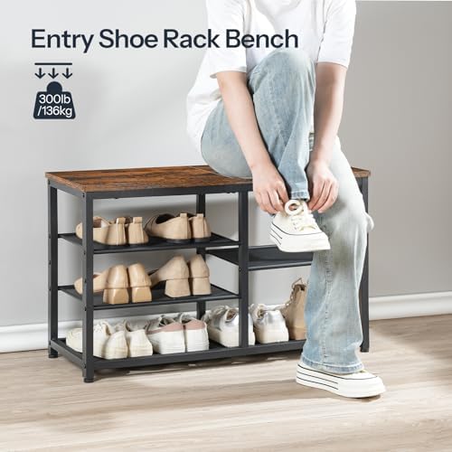 HOOBRO Shoe Bench, 5-Tier Shoe Rack Bench with Mesh Shelves, Shoe Organizer, Industrial Shoe Storage Bench for Entryway, Easy Assembly, 11 x 31.5 x 19.7 Inches, Rustic Brown and Black BF36HX01