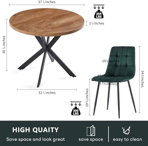 Homedot 37" Round Table Set for 4 Person, Modern Kitchen Table Set, Imitation Wood Dining Table with Space Saving Dining Chairs, Dark Green Velvet Side Chairs