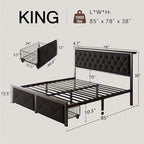 Einhomn King Size Bed Frame with 2 Storage Drawers, Metal Platform Bed with Charging Station, Upholstered Linen Button Tufted Storage Headboard, No Box Spring Needed, Noise-Free, Easy Assembly, Black