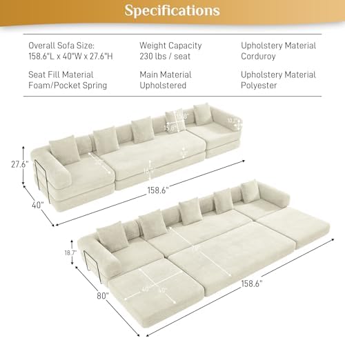 DAMAIFROM Convertible Sleeper Sofa Bed Floor Couch, Light Brown | 158" Corduroy Modular Compressed Futon Sofa Bed, Pull-Out Cloud Sectional Couch with Memory Foam Mattress for Living Room