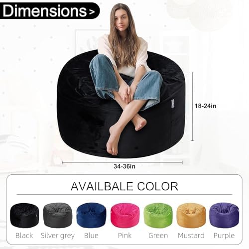 HABUTWAY Bean Bag Chair 3Ft Luxurious Velvet Ultra Soft Fur with High Rebound Memory Foam Bean Bag Chairs for Adults Plush Lazy Sofa with Fluffy Sponge 3' (Black New)
