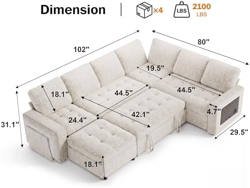 Vipbear 7 Seat L Shaped Modular Sectional Sleeper Sofa Bed with Ottoman/Pull Out Bed/Reclining Backrest/USB Ports/Table/LED Light/Storage Seat, Tool-Free Assembly, Chenille Beige