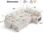 Vipbear 7 Seat L Shaped Modular Sectional Sleeper Sofa Bed with Ottoman/Pull Out Bed/Reclining Backrest/USB Ports/Table/LED Light/Storage Seat, Tool-Free Assembly, Chenille Beige