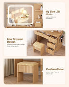 LIVELYGLOW 35.4" Wooden Makeup Vanity Set with Charging Station & Stool | Smart LED Mirror, Fluted Design, Cushioned Stool, Hairdryer Rack
