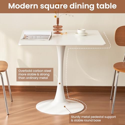 Square Dining Tulip Table for 4, Mid-Century Modern Table with Sturdy Metal Pedestal for Kitchen, Bistro, Cafe, Leisure (White, 31.5 INCH)