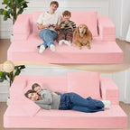 Futon Sofa Bed with Pillow, 3-in-1 Sleeper Sofa Bed with Removable Cover | Convertible Floor Sofa Bed with Memory Foam Filled, No Assembly Couch for Living Room, Bedroom（Pink King）