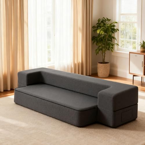 10 Inch Folding Sofa Bed Memory Foam Futon Chair Bed, Modern Fold Out Couch | Full Size Convertible Sleeper Sofa for Living Room, Foldable Floor Guest Mattress, Dark Grey