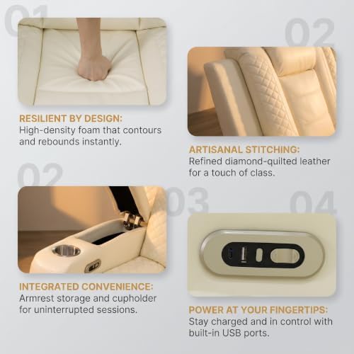 A Ainehome Leather Power Furniture Reclining Sectional Couch, Living Room Power Recliner Adjustable Sofa, Loveseat and Chair with Storage Console for Living Room/Office(Off-White)